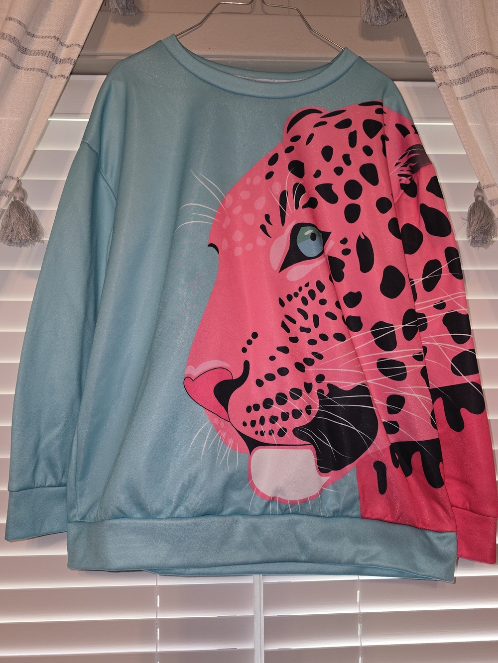 SHEIN Curve Size 1XL Aqua Pullover Sweatshirt with Pink Leopard